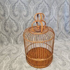 MCM 50s 60s Ornate Bamboo Rattan Hanging‎ Birdcage Round Carved Boho Decor Brown